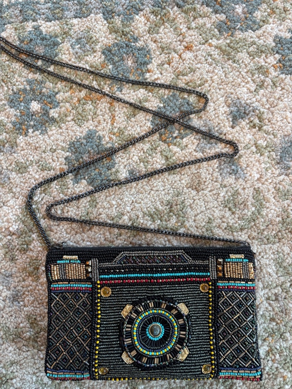 Mary Frances Black Multicolor Beaded Camera Crossbody Bag